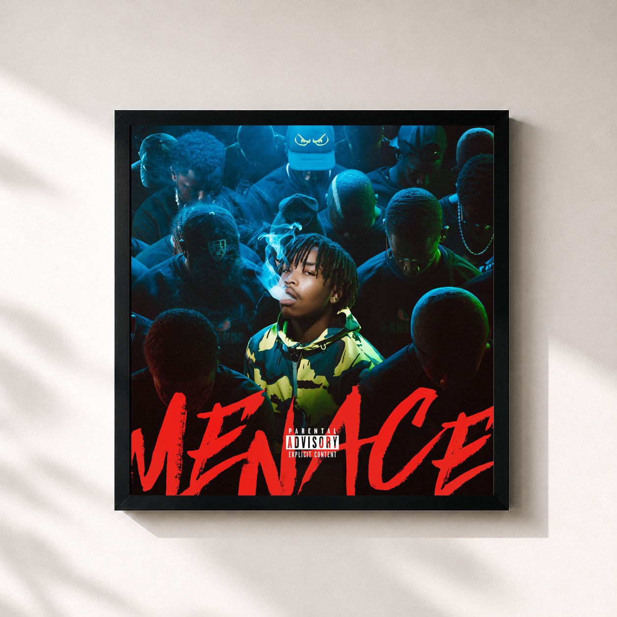 #noir Tableau carré de l'album Menace de Junior Bvndo, cadre noir 32x32 cm