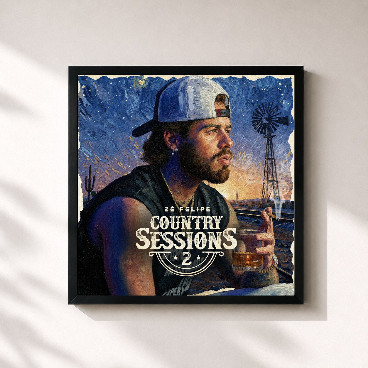 #noir Tableau carré de l'album Country Sessions 2 de Zé Felipe, cadre noir 32x32 cm