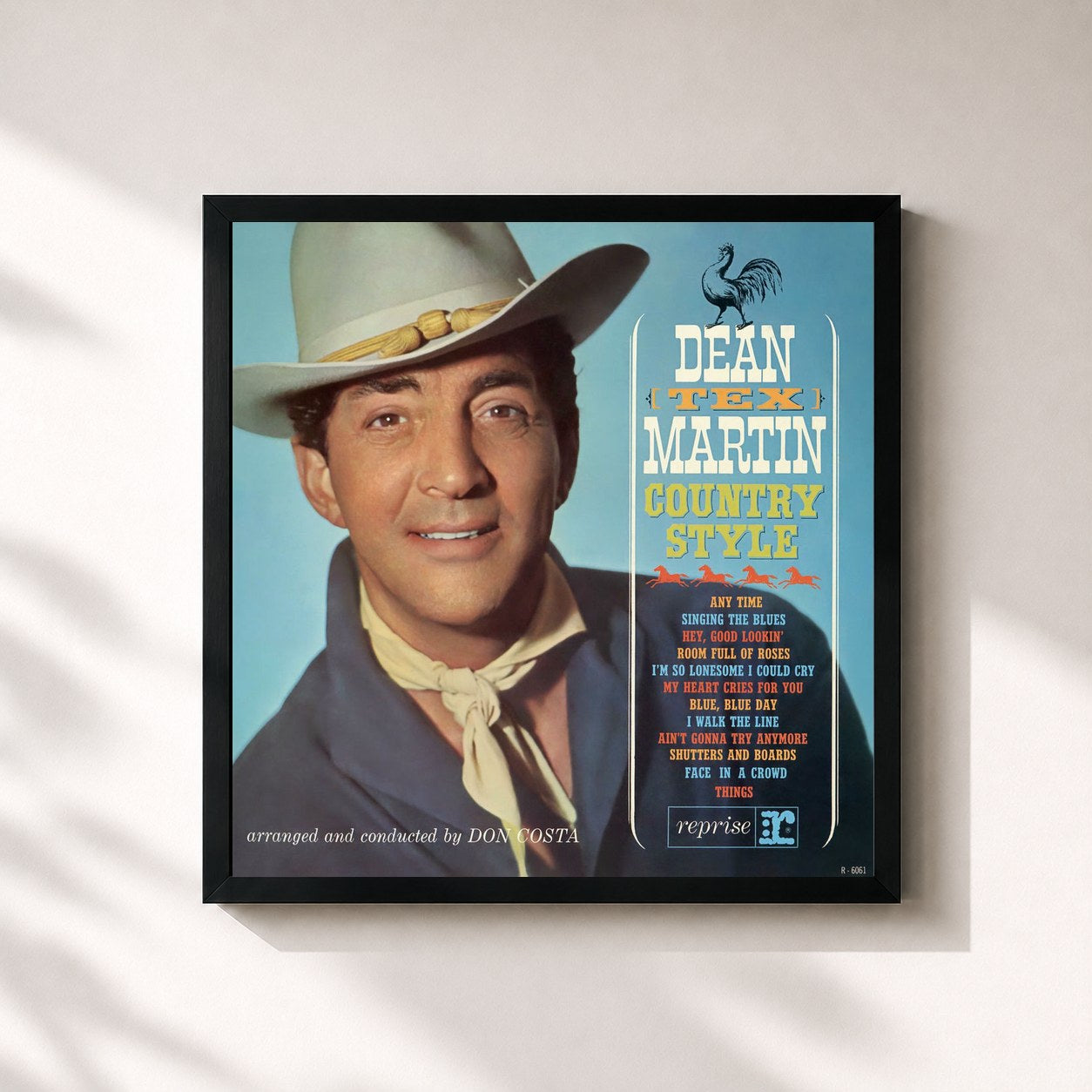 #noir Tableau carré de l'album Country Style de Dean Martin, cadre noir 32x32 cm