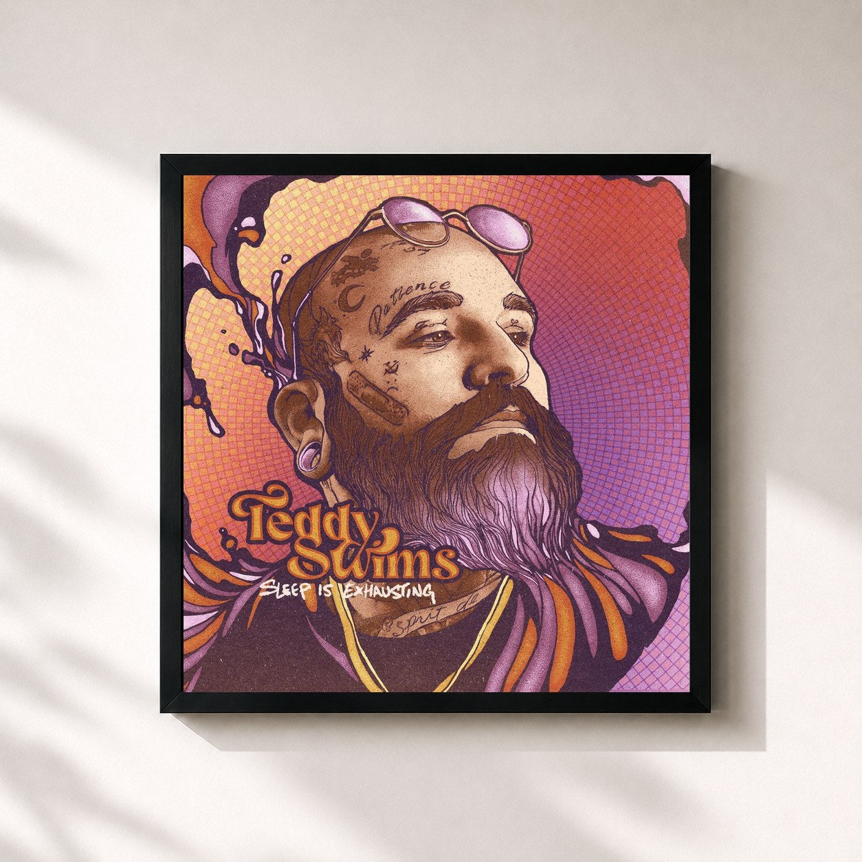 #noir Tableau carré de l'album Sleep is Exhausting de Teddy Swims, cadre noir 32x32 cm