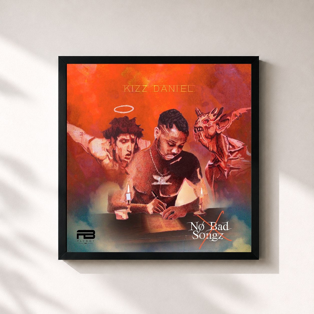 #noir Tableau carré de l'album No Bad Songz de Kizz Daniel, cadre noir 32x32 cm