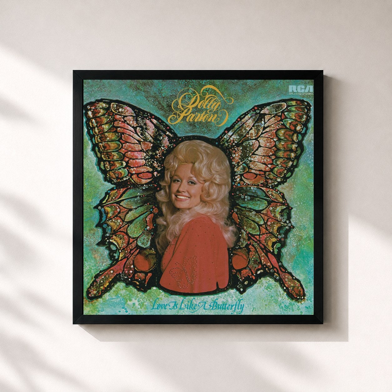 #noir Tableau carré de l'album Love Is Like a Butterfly de Dolly Parton, cadre noir 32x32 cm