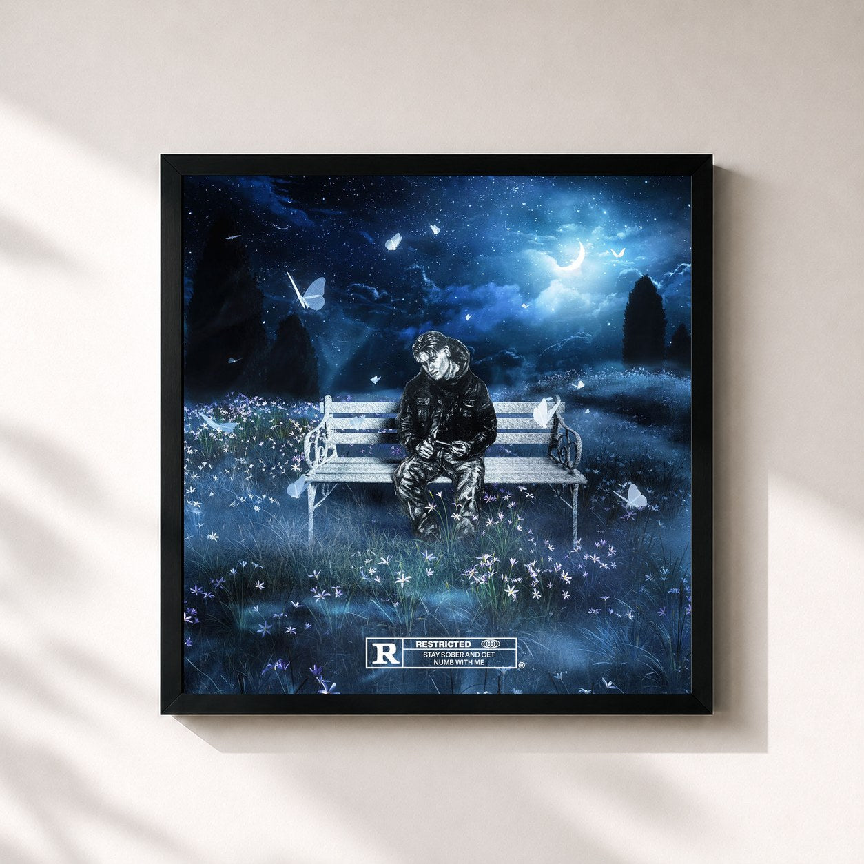 #noir Tableau carré de l'album get numb with me de Beyazz, cadre noir 32x32 cm