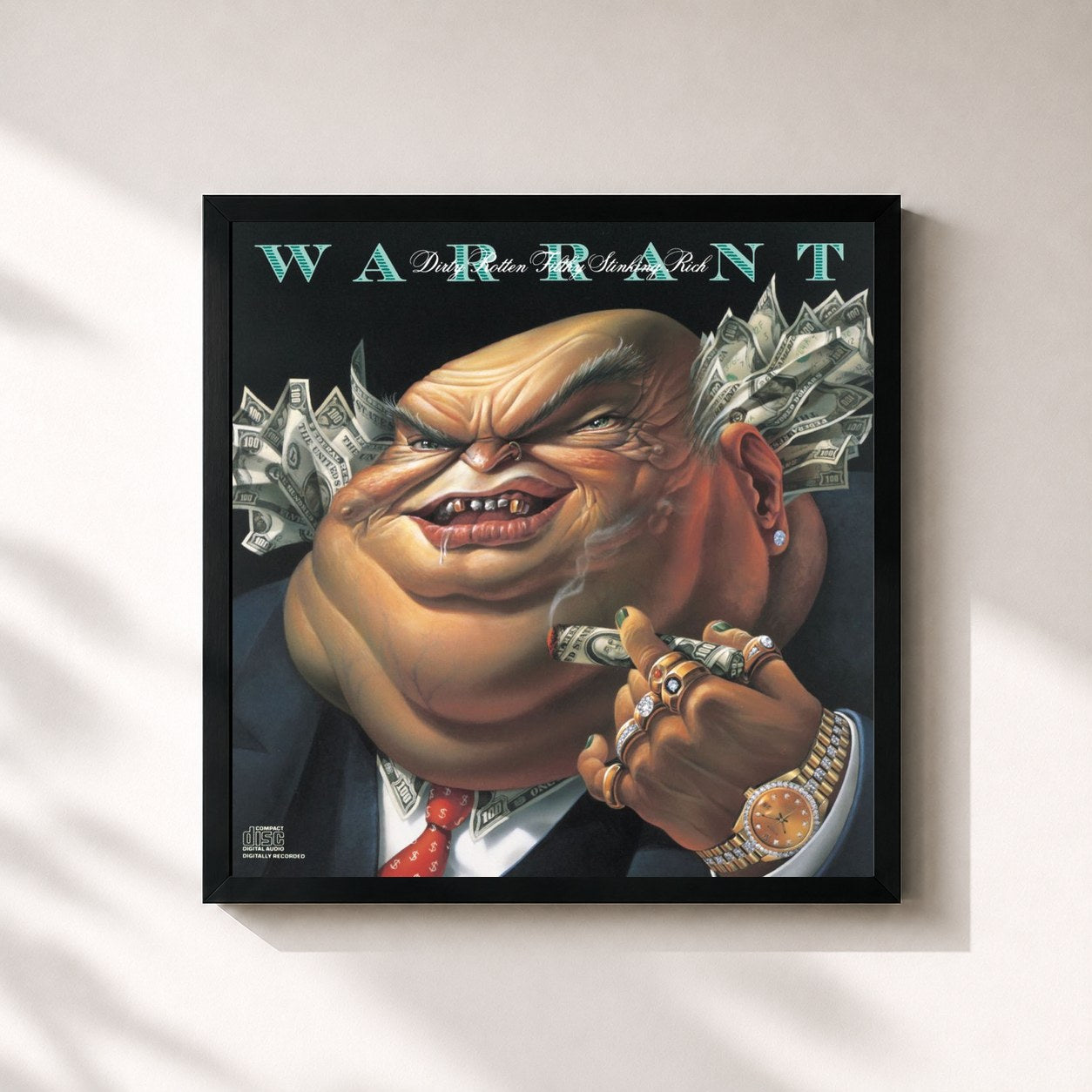 #noir Tableau carré de l'album Dirty Rotten Filthy Stinking Rich de Warrant, cadre noir 32x32 cm