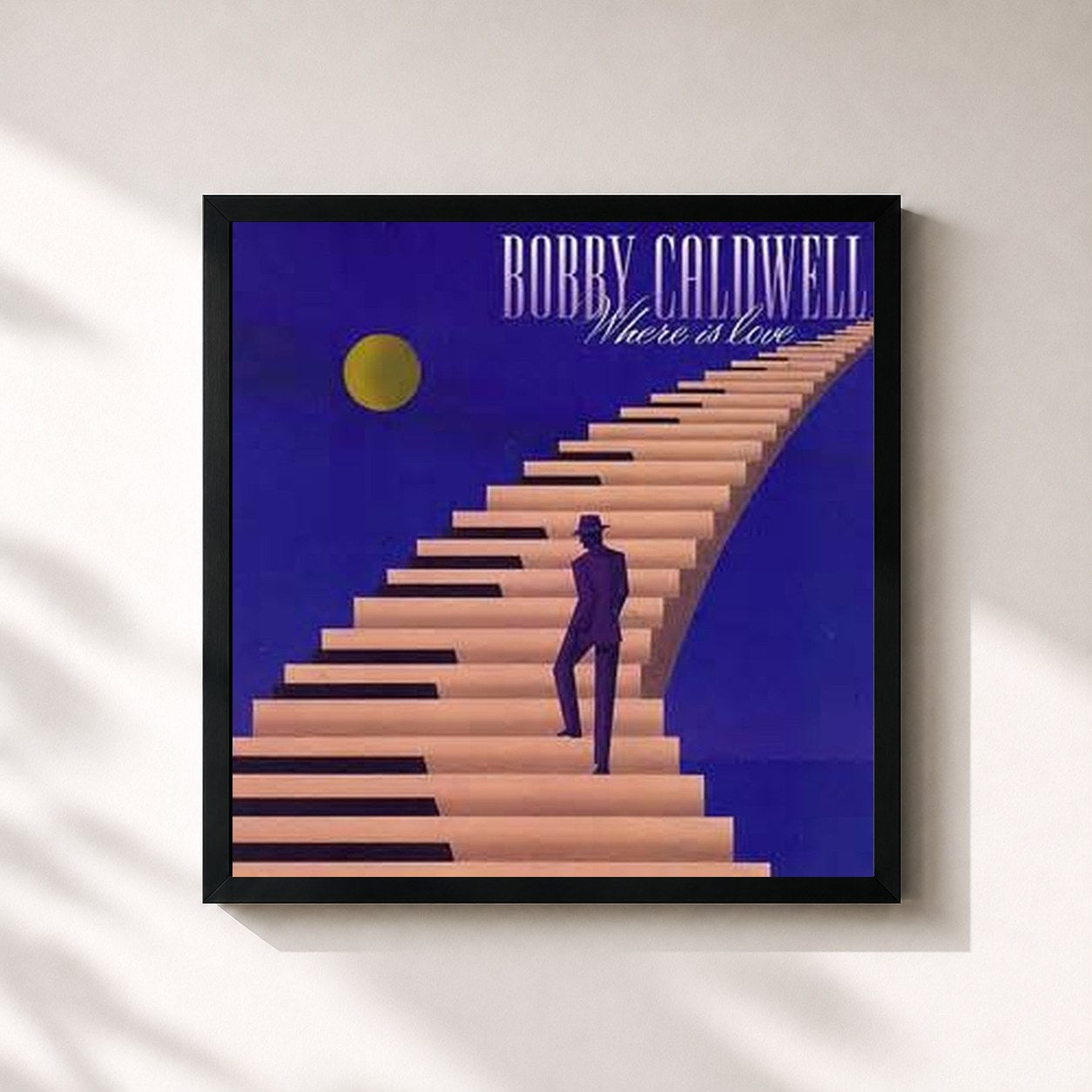 #noir Tableau carré de l'album Where is Love de Bobby Caldwell, cadre noir 32x32 cm