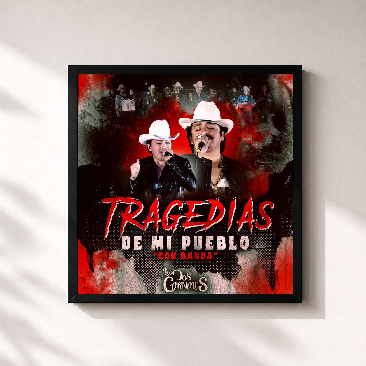 #noir Tableau carré de l'album Tragedias de Mi Pueblo (Con Banda) de Los Dos Carnales, cadre noir 32x32 cm