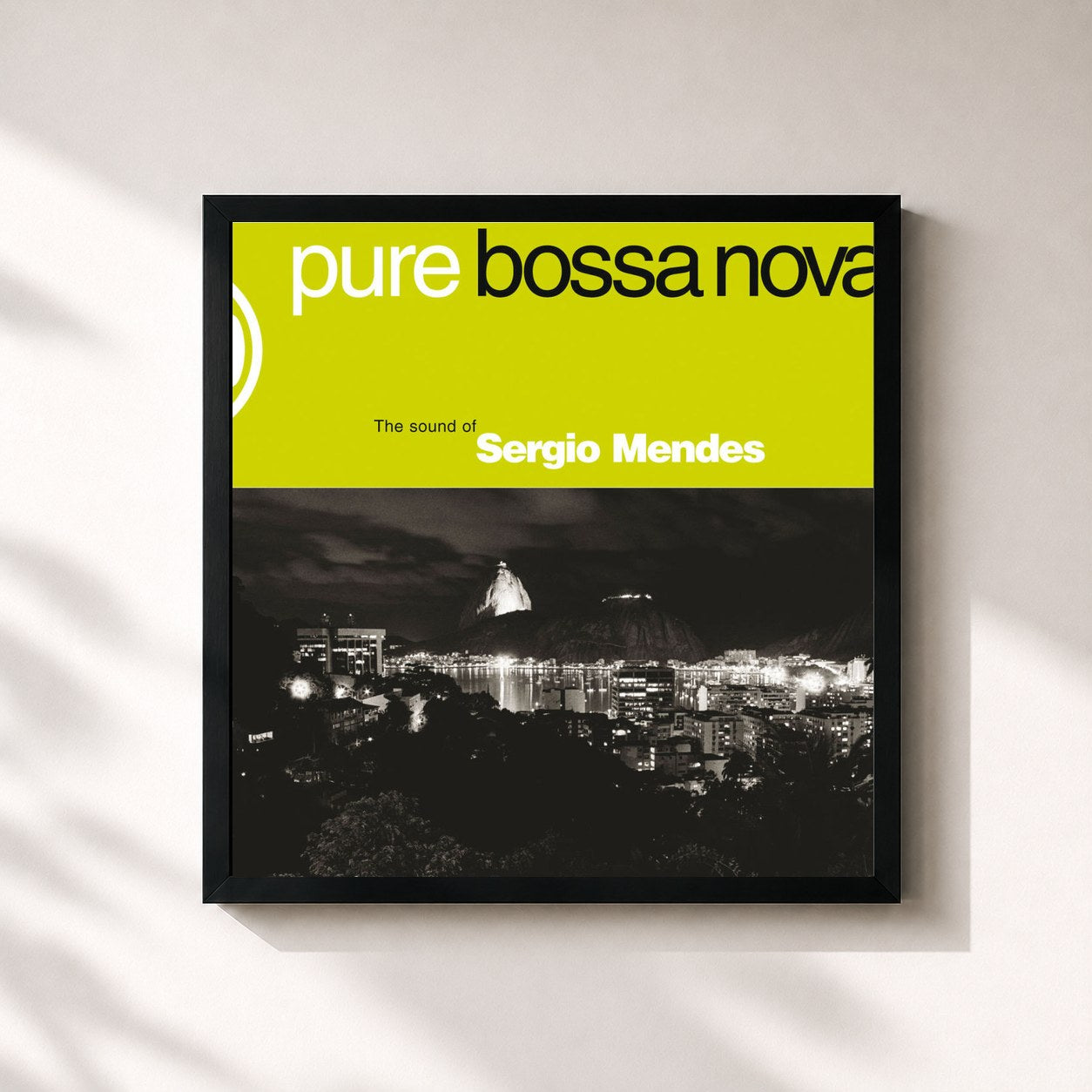 #noir Tableau carré de l'album Pure Bossa Nova de Sergio Mendes, cadre noir 32x32 cm