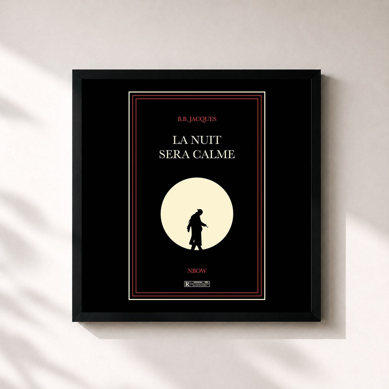 #noir Tableau carré de l'album La nuit sera calme de B.B. Jacques, cadre noir 32x32 cm