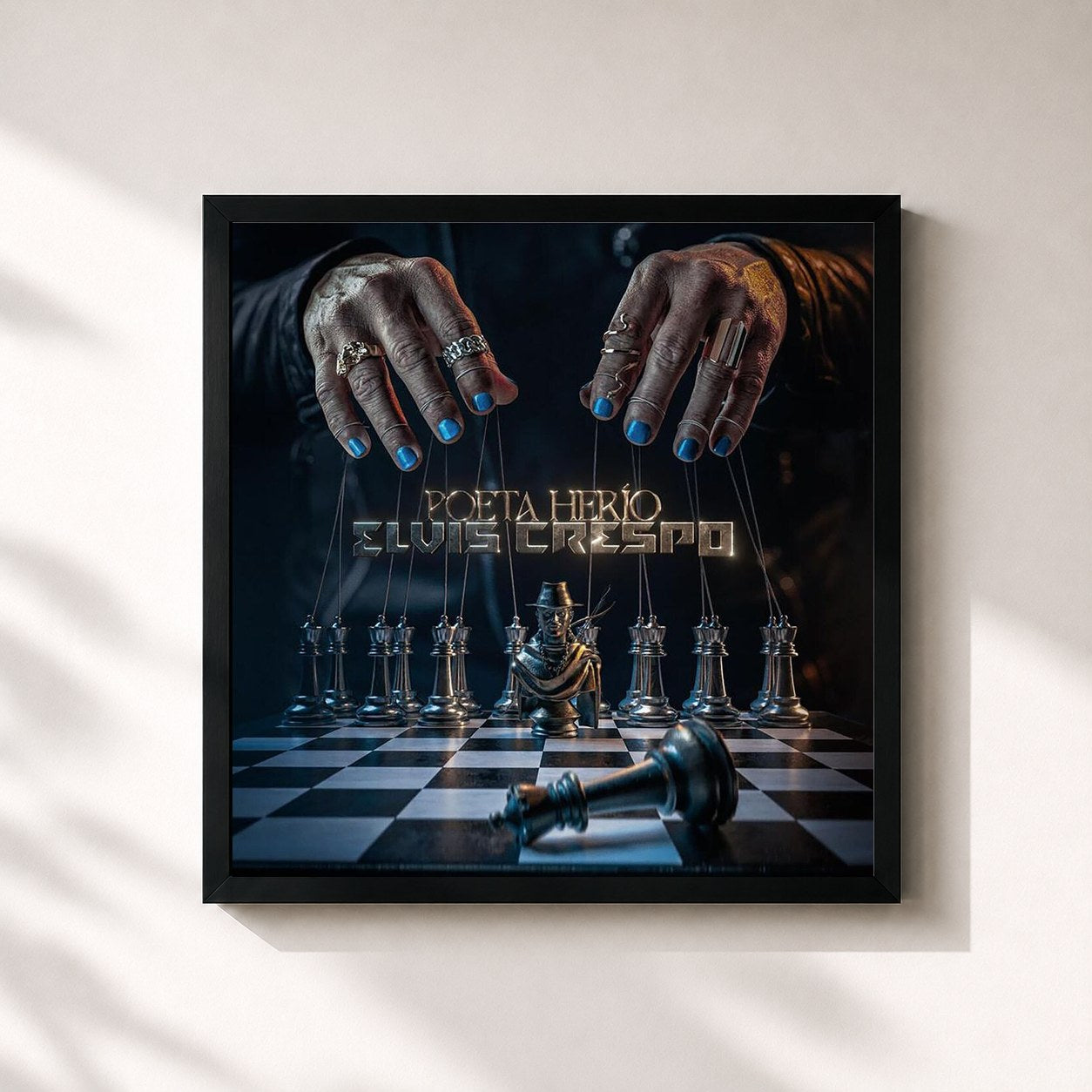 #noir Tableau carré de l'album Poeta Herío de Elvis Crespo, cadre noir 32x32 cm