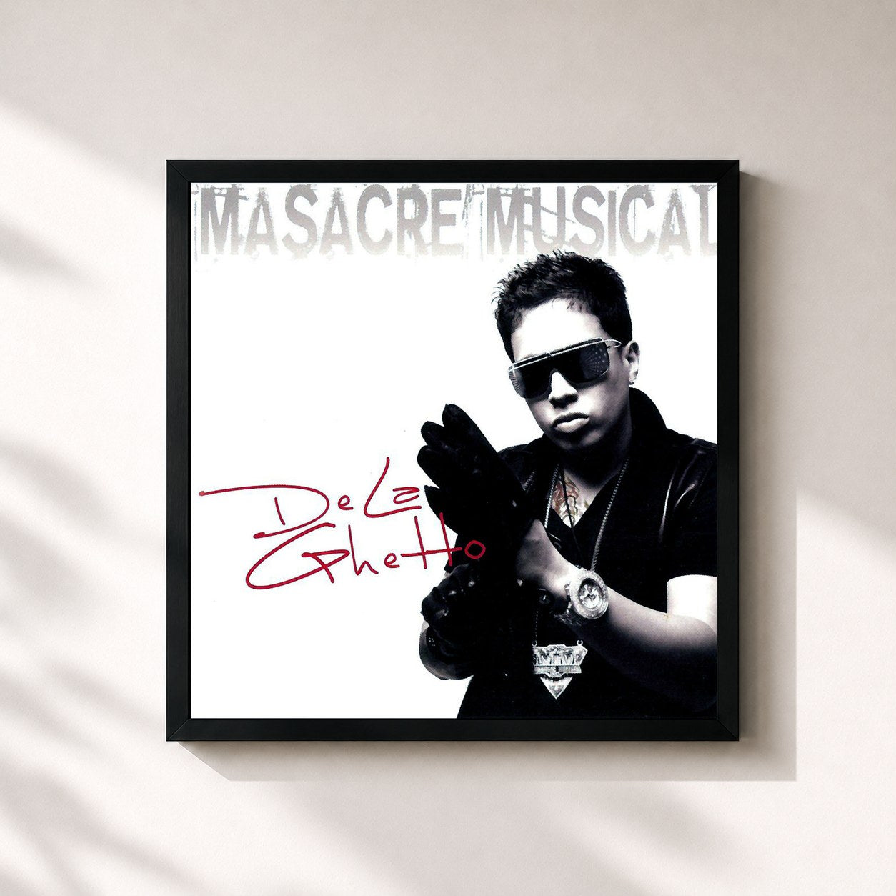 #noir Tableau carré de l'album Masacre Musical de De La Ghetto, cadre noir 32x32 cm