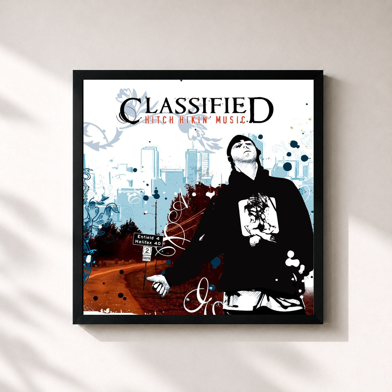 #noir Tableau carré de l'album Hitch Hikin' Music de Classified, cadre noir 32x32 cm
