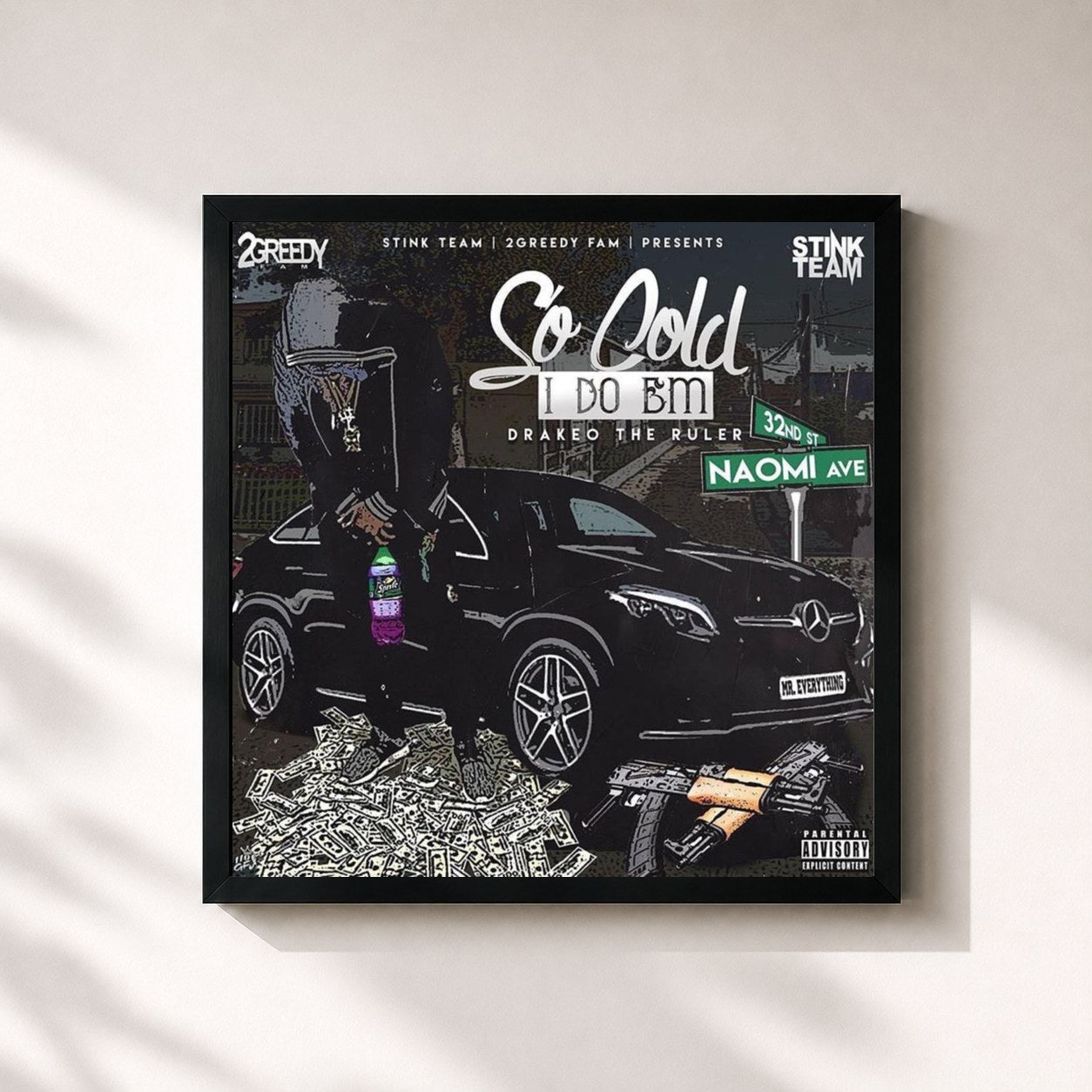 #noir Tableau carré de l'album So Cold I Do Em de Drakeo the Ruler, cadre noir 32x32 cm
