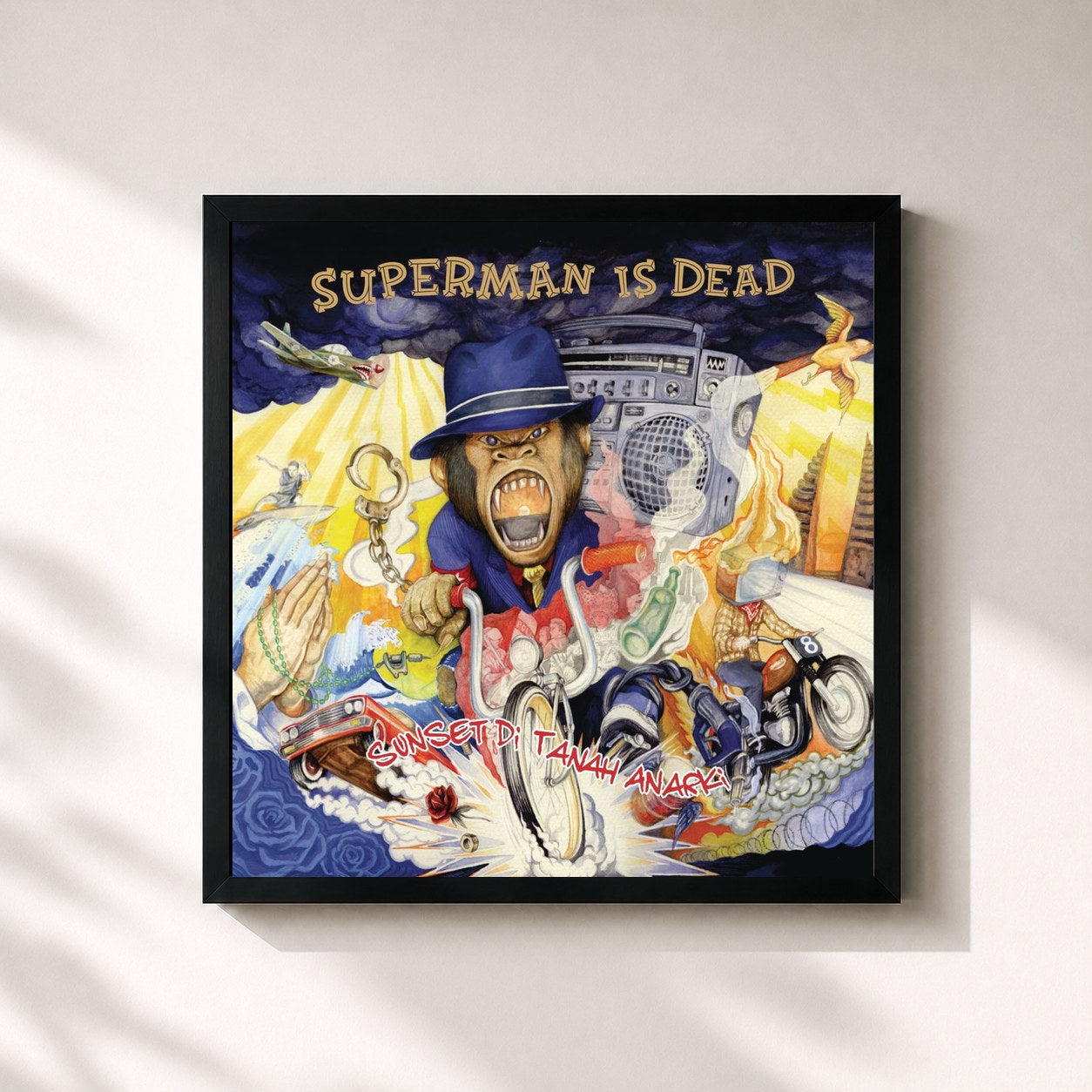 #noir Tableau carré de l'album Sunset di Tanah Anarki de Superman Is Dead, cadre noir 32x32 cm