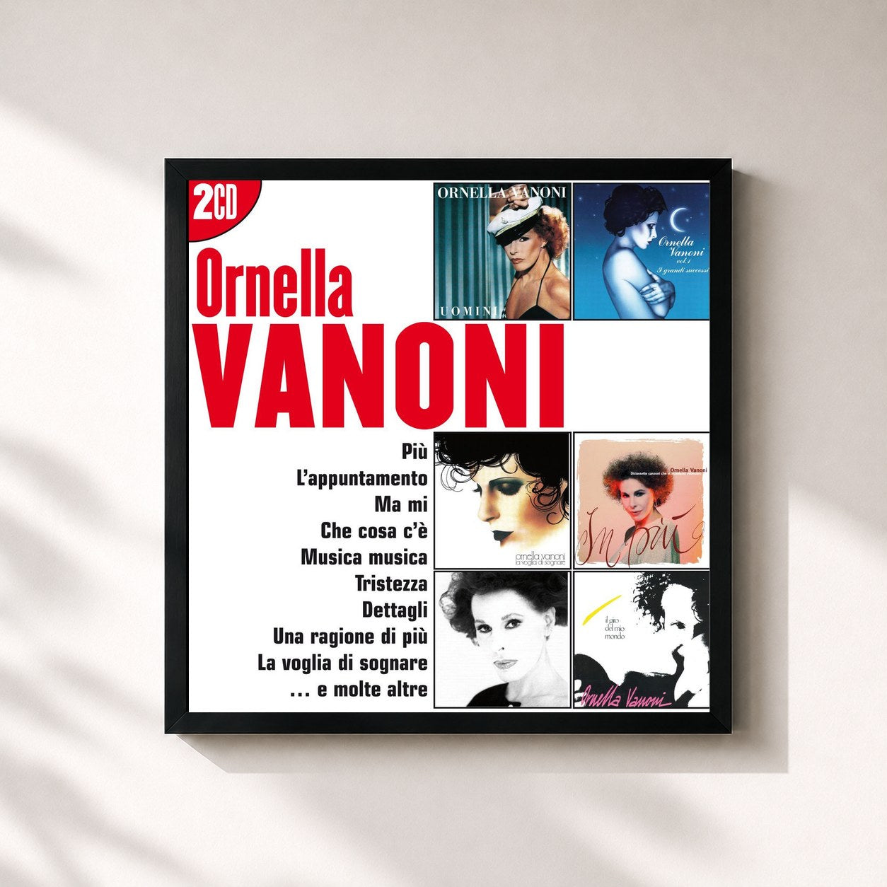 #noir Tableau carré de l'album I Grandi Successi: Ornella Vanoni de Ornella Vanoni, cadre noir 32x32 cm