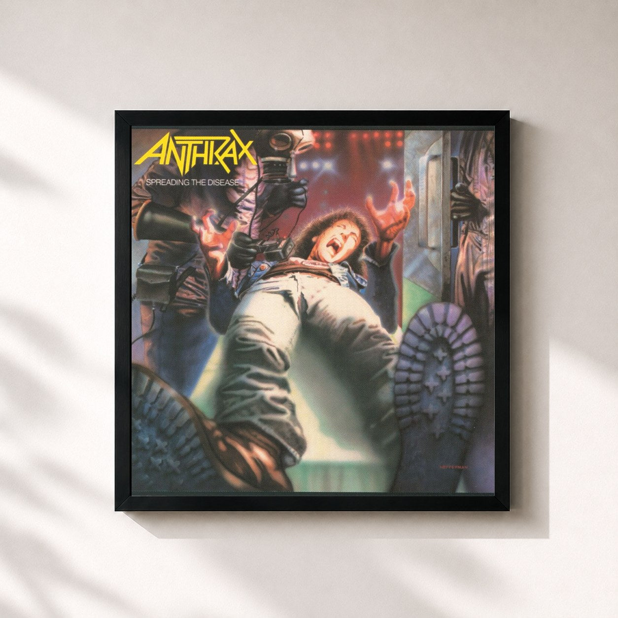 #noir Tableau carré de l'album Spreading The Disease de Anthrax, cadre noir 32x32 cm