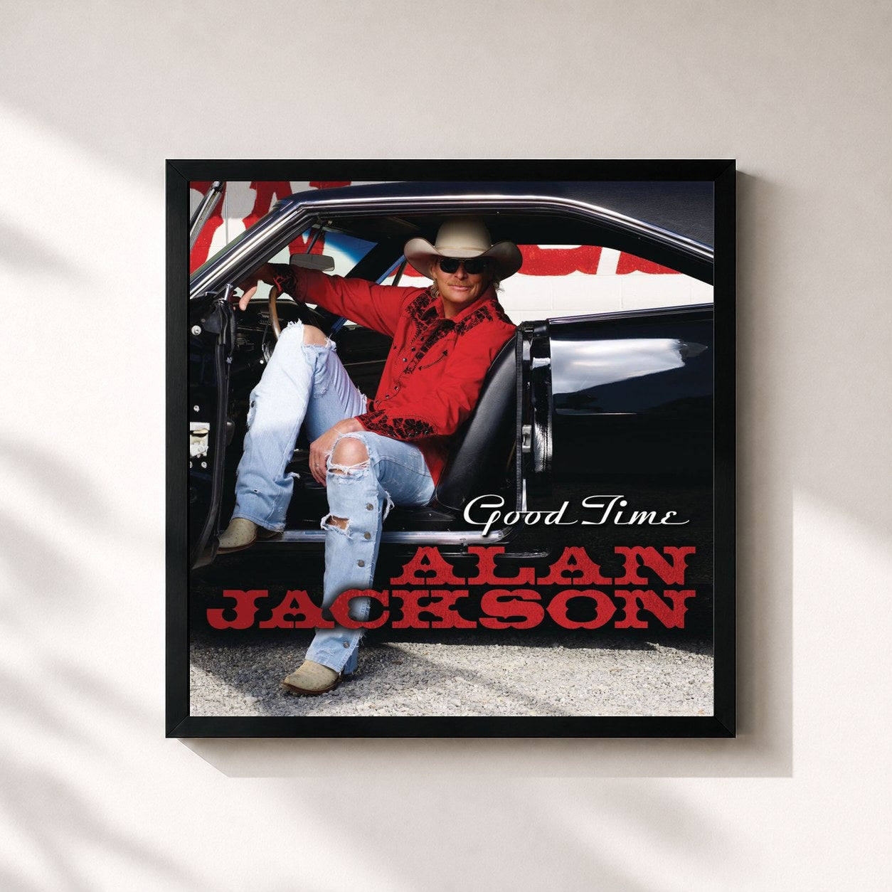 #noir Tableau carré de l'album Good Time de Alan Jackson, cadre noir 32x32 cm