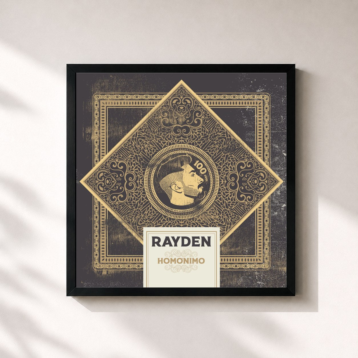 #noir Tableau carré de l'album Homónimo de Rayden, cadre noir 32x32 cm