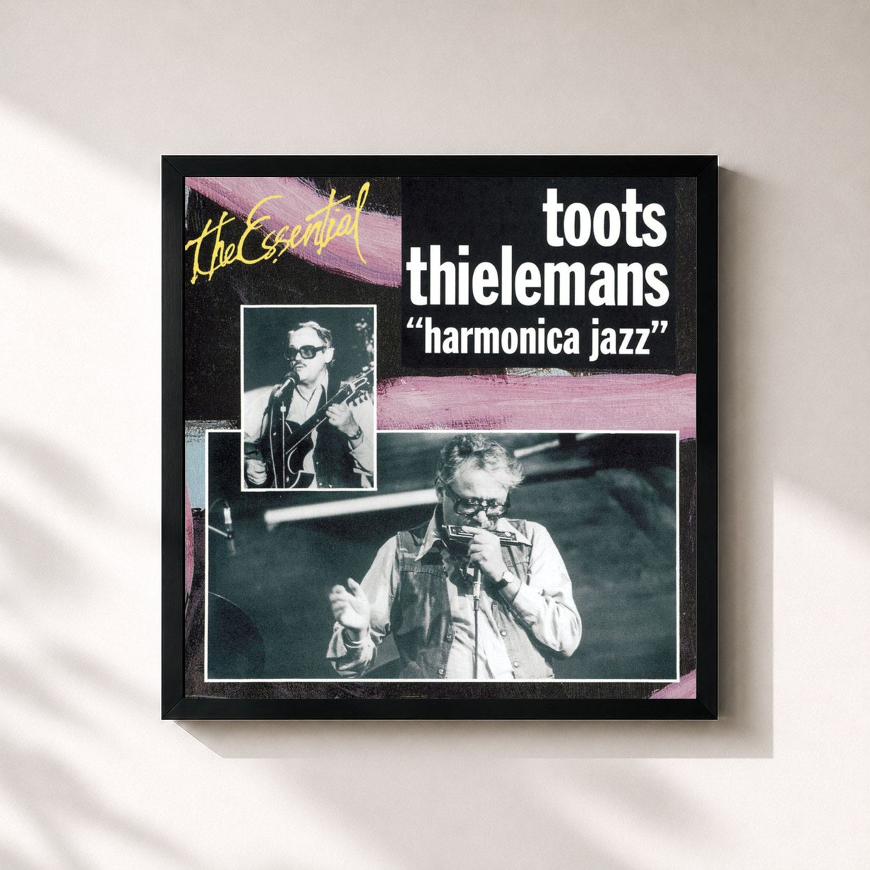 #noir Tableau carré de l'album Essentiel Jazz - Harmonica Jazz de Toots Thielemans, cadre noir 32x32 cm