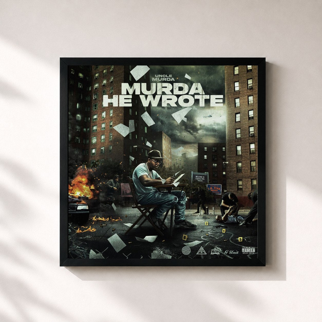 #noir Tableau carré de l'album MURDA HE WROTE de Uncle Murda, cadre noir 32x32 cm