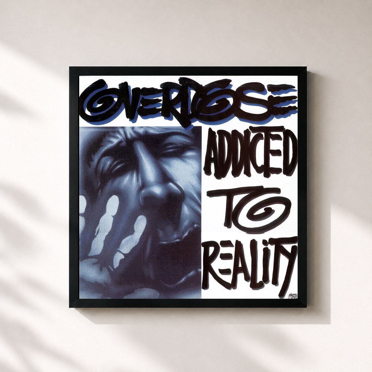 #noir Tableau carré de l'album Addicted to Reality de Overdose, cadre noir 32x32 cm