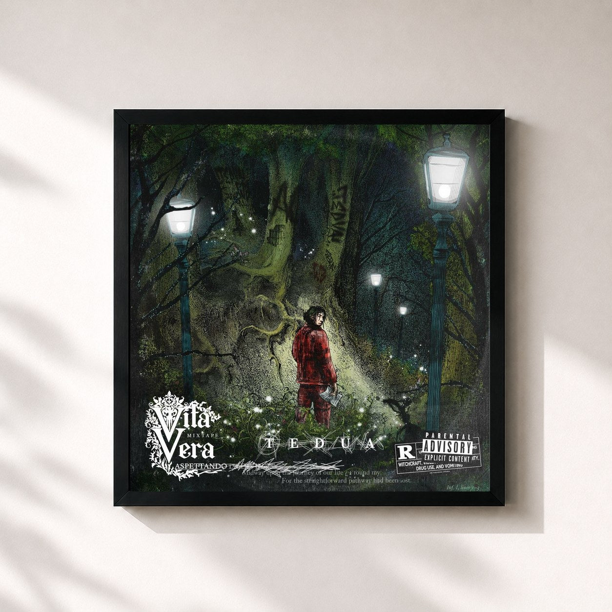 #noir Tableau carré de l'album Vita Vera Mixtape de Tedua, cadre noir 32x32 cm