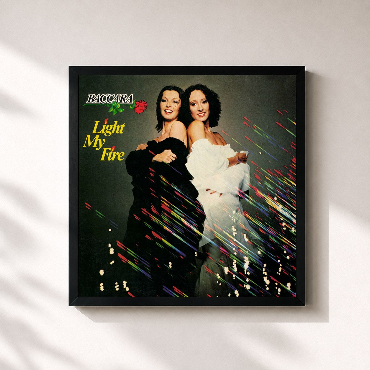 #noir Tableau carré de l'album Light My Fire de Baccara, cadre noir 32x32 cm