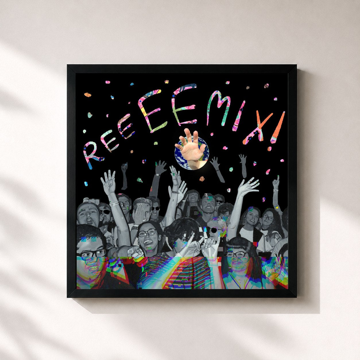 #noir Tableau carré de l'album World Wide Pop- Reeeemix! de Superorganism, cadre noir 32x32 cm
