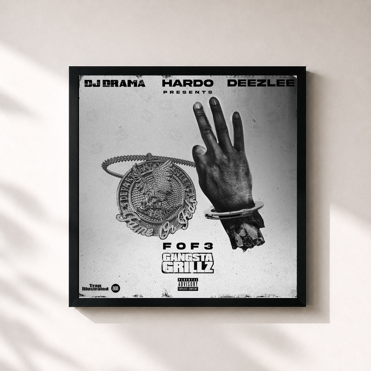 #noir Tableau carré de l'album Fame Or Feds 3 de Dj Drama, cadre noir 32x32 cm