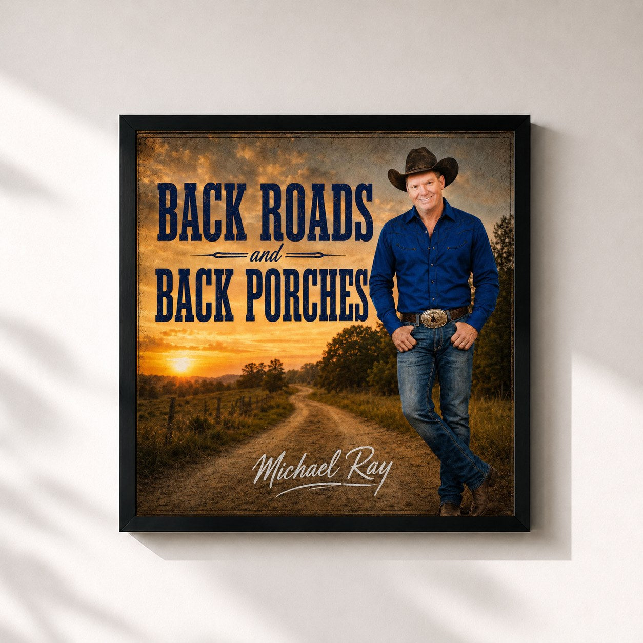 #noir Tableau carré de l'album Back Roads and Back Porches de Michael Ray, cadre noir 32x32 cm