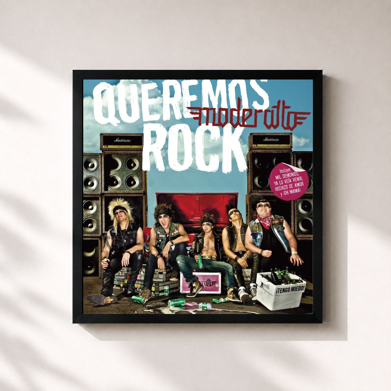 #noir Tableau carré de l'album Queremos Rock de Moderatto, cadre noir 32x32 cm