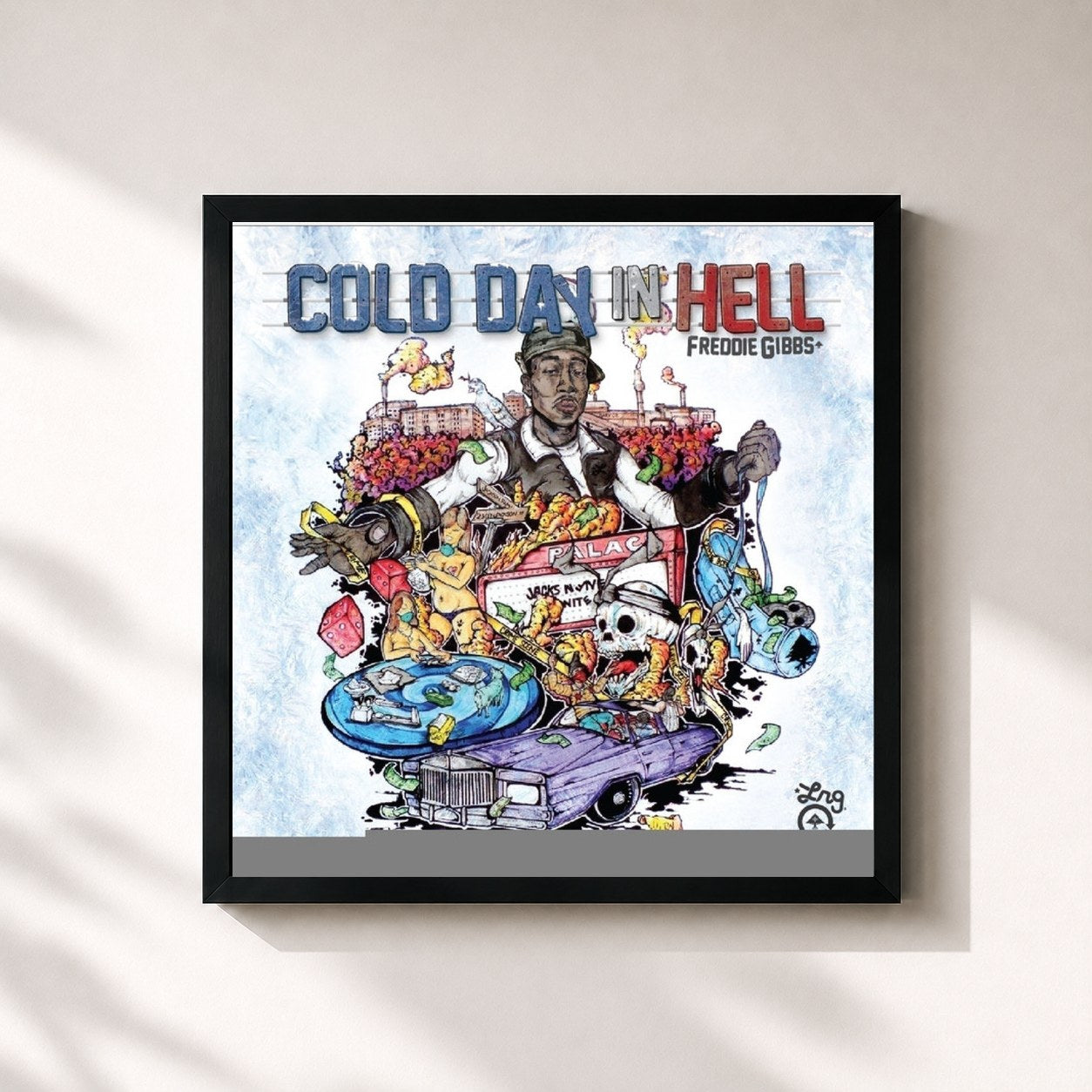 #noir Tableau carré de l'album Cold Day In Hell de Freddie Gibbs, cadre noir 32x32 cm