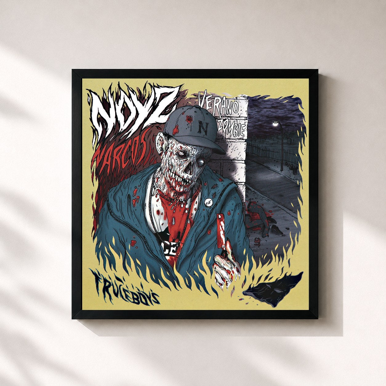 #noir Tableau carré de l'album Verano Zombie de Noyz Narcos, cadre noir 32x32 cm