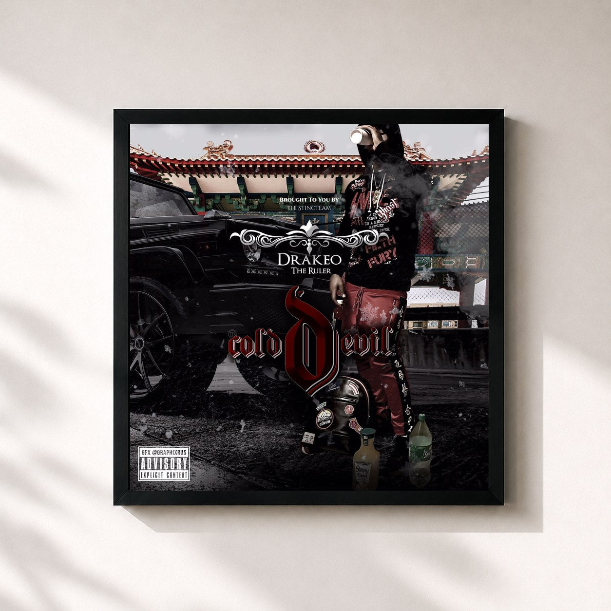 #noir Tableau carré de l'album Cold Devil de Drakeo the Ruler, cadre noir 32x32 cm