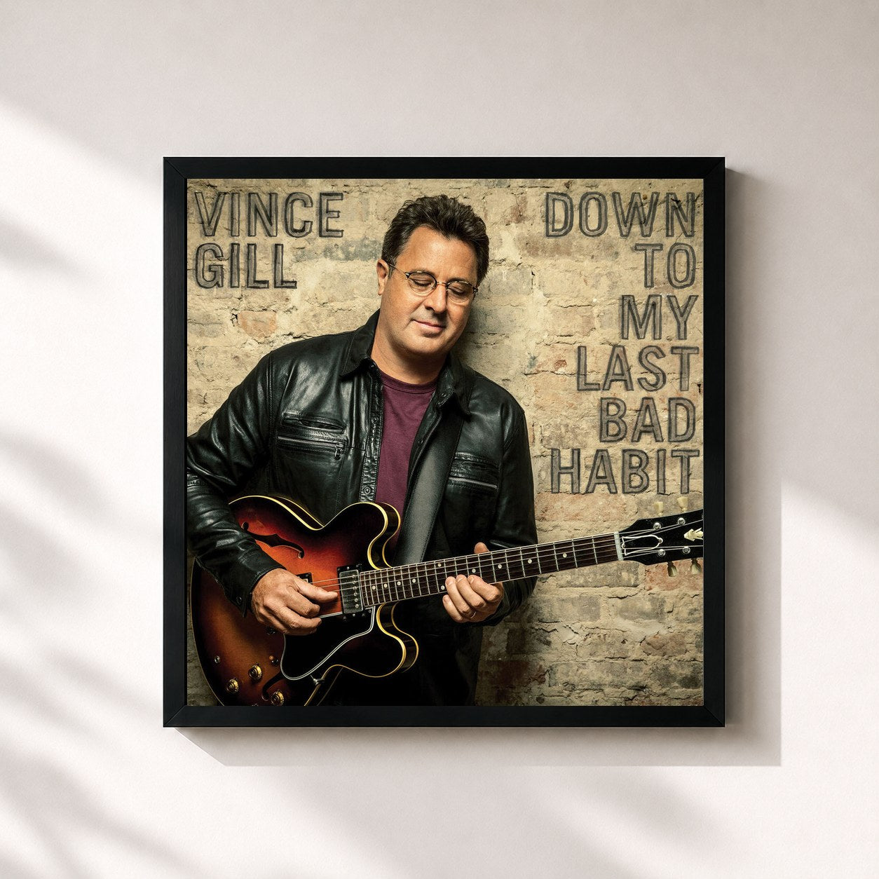 #noir Tableau carré de l'album Down To My Last Bad Habit de Vince Gill, cadre noir 32x32 cm