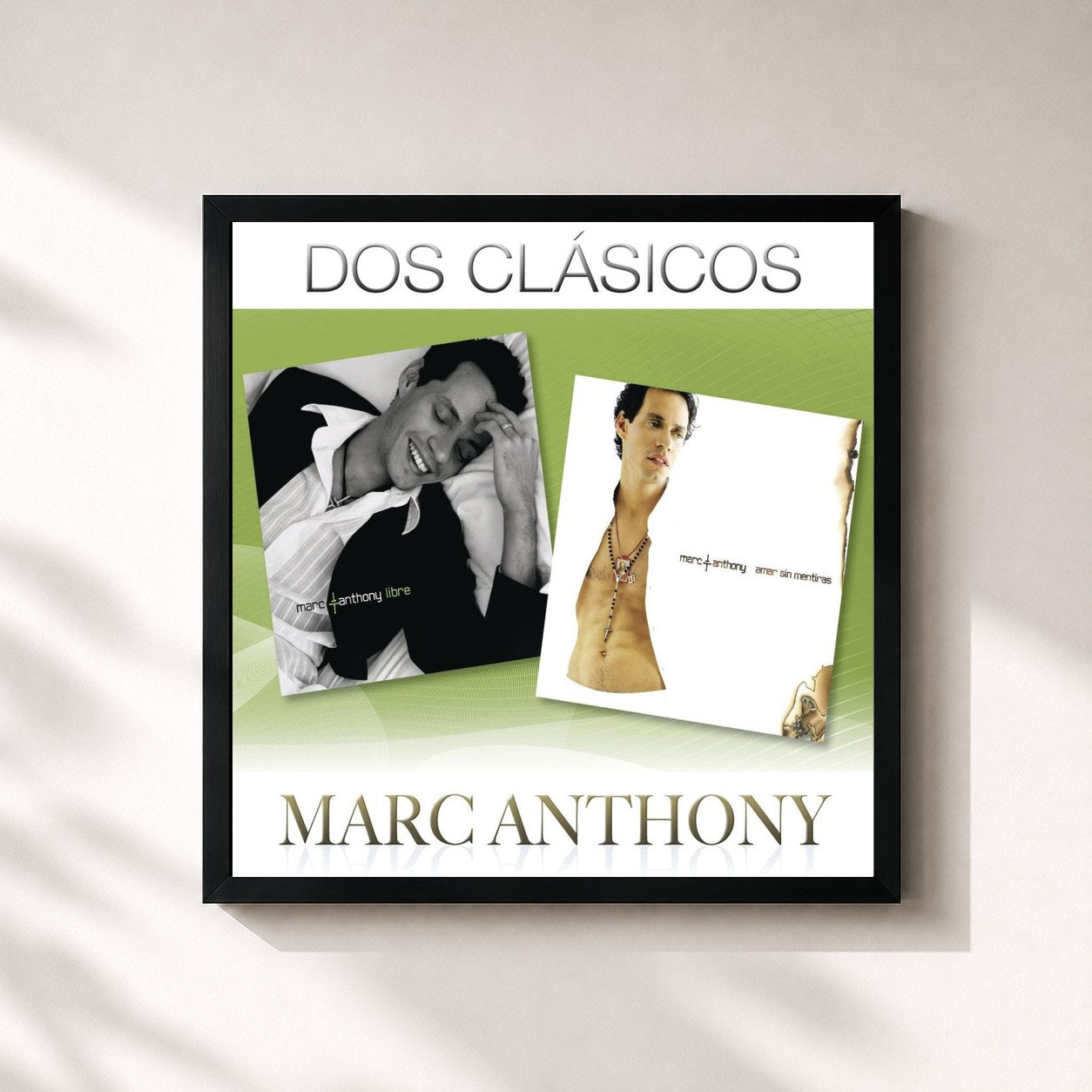 #noir Tableau carré de l'album Dos Clásicos de Marc Anthony, cadre noir 32x32 cm