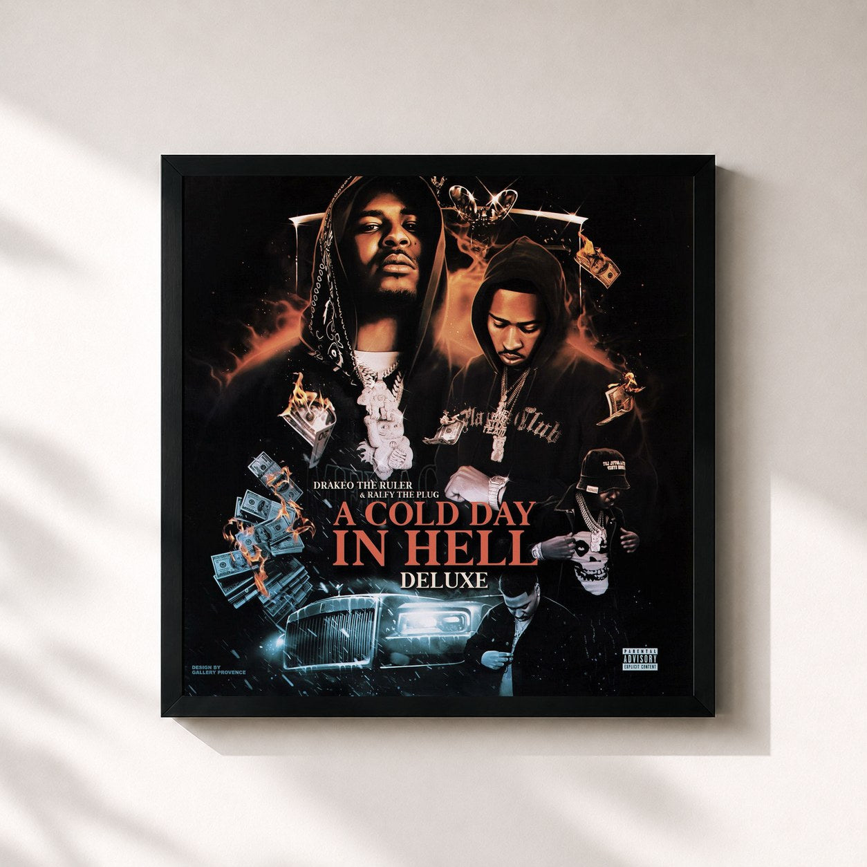 #noir Tableau carré de l'album A Cold Day In Hell (Deluxe) de Drakeo the Ruler, cadre noir 32x32 cm