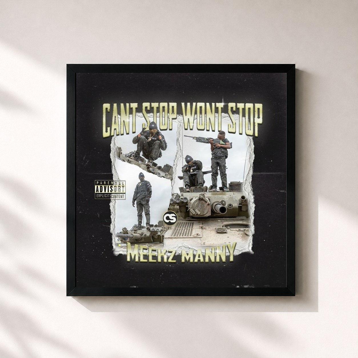 #noir Tableau carré de l'album Can't Stop Won't Stop de Meekz, cadre noir 32x32 cm