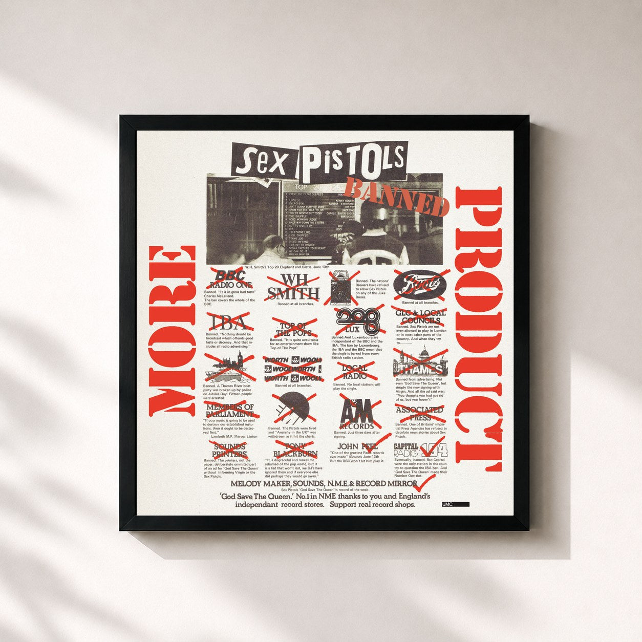 #noir Tableau carré de l'album More Product de Sex Pistols, cadre noir 32x32 cm