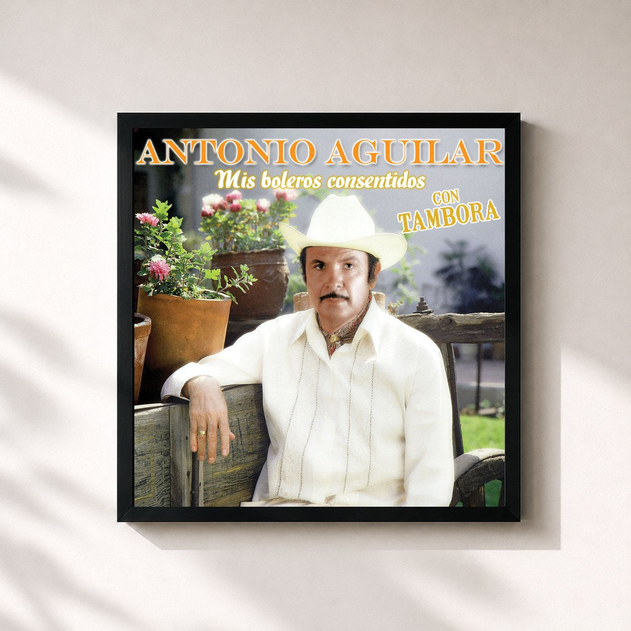 #noir Tableau carré de l'album Mis Boleros Consentidos Con Tambora de Antonio Aguilar, cadre noir 32x32 cm