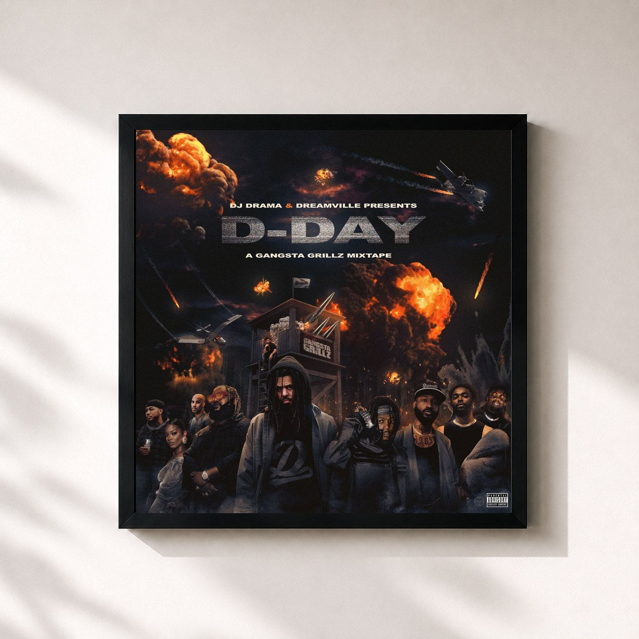 #noir Tableau carré de l'album D-Day: A Gangsta Grillz Mixtape de Dreamville, cadre noir 32x32 cm