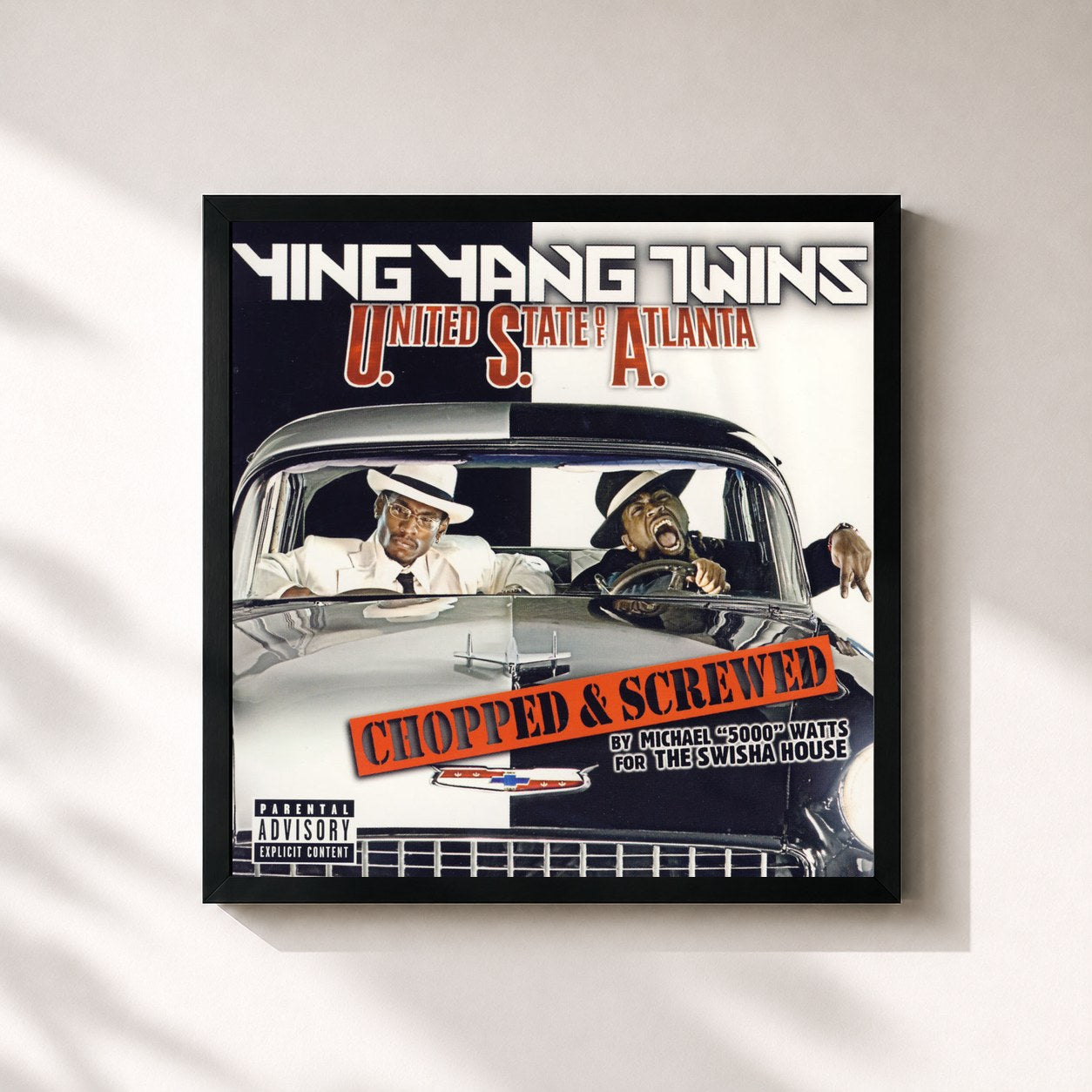#noir Tableau carré de l'album U.S.A. (United State Of Atlanta) (Chopped & Screwed) de Ying Yang Twins, cadre noir 32x32 cm