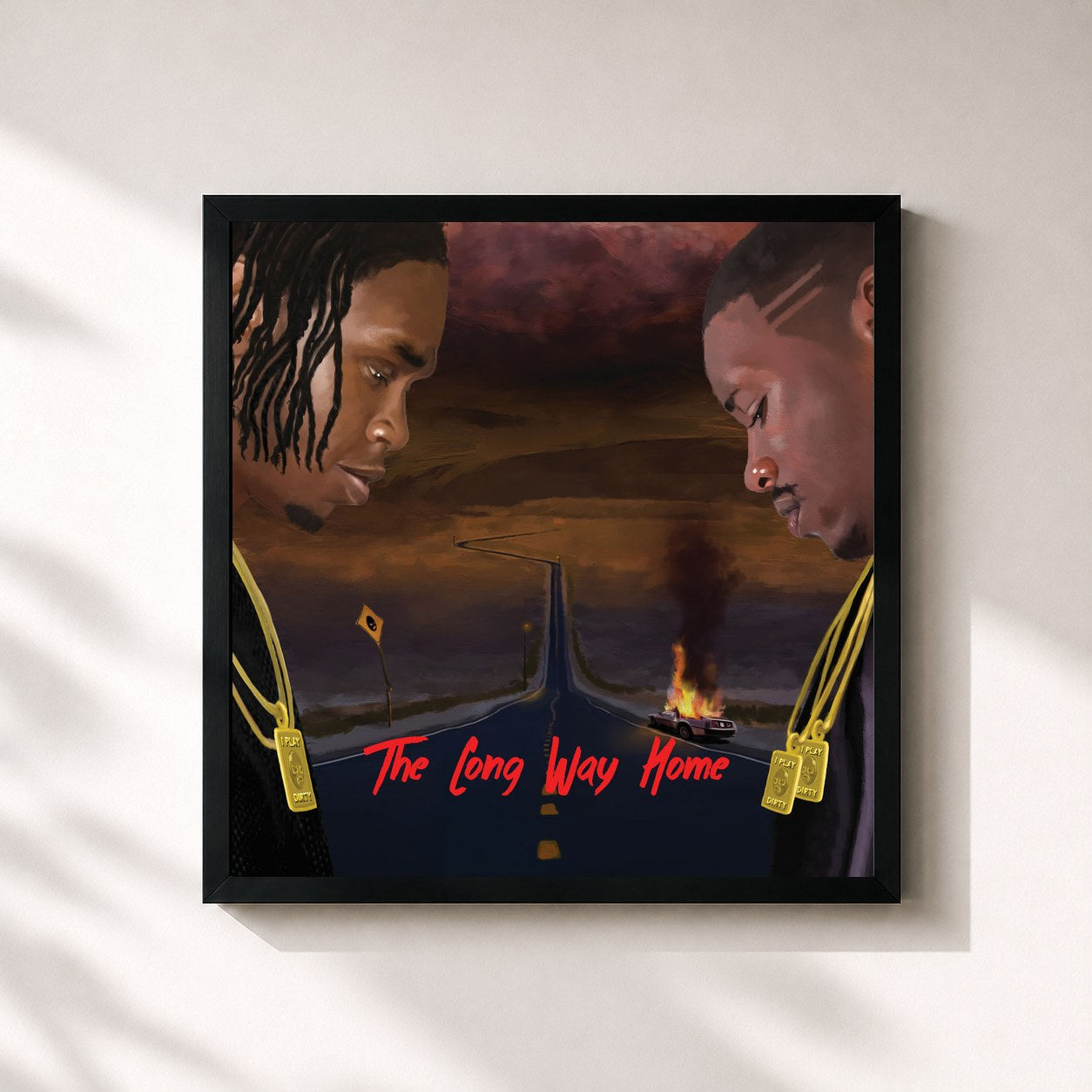 #noir Tableau carré de l'album The Long Way Home de Krept & Konan, cadre noir 32x32 cm