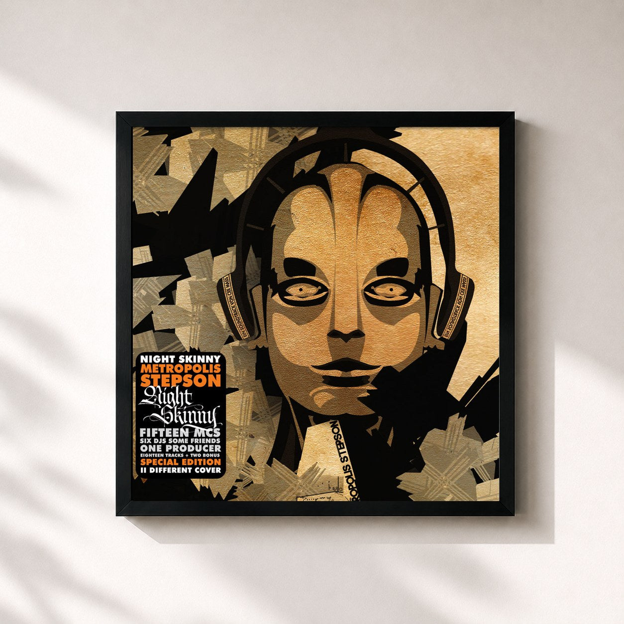 #noir Tableau carré de l'album Metropolis Stepson de Night Skinny, cadre noir 32x32 cm