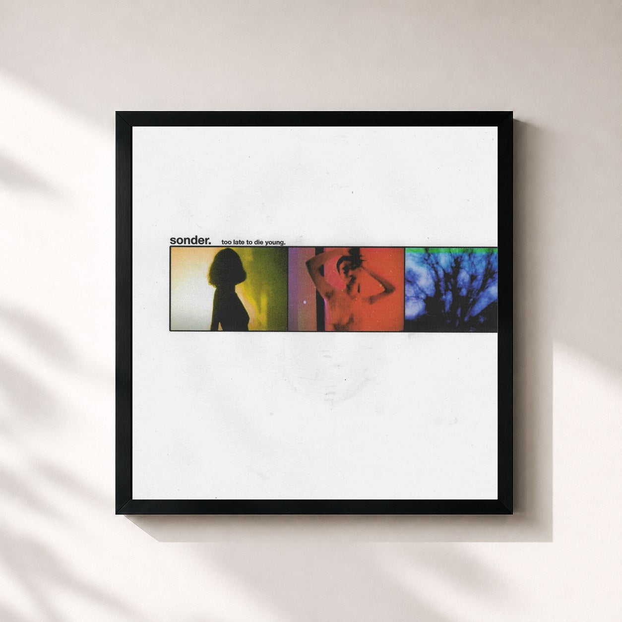 #noir Tableau carré de l'album Too Late To Die Young de Sonder, cadre noir 32x32 cm