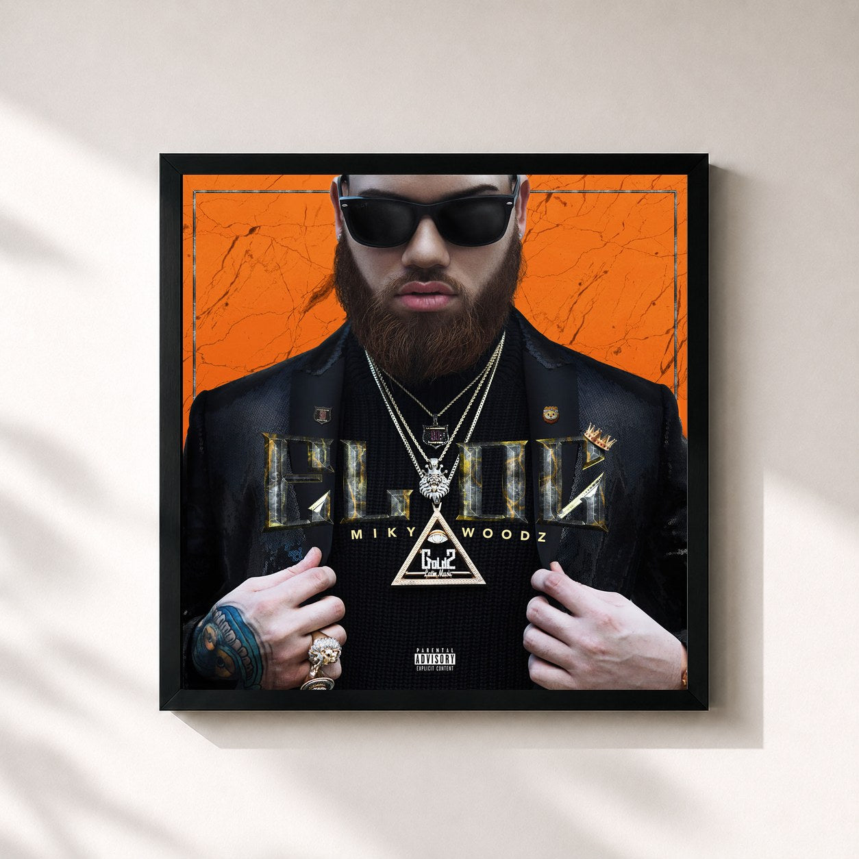 #noir Tableau carré de l'album EL OG de Miky Woodz, cadre noir 32x32 cm