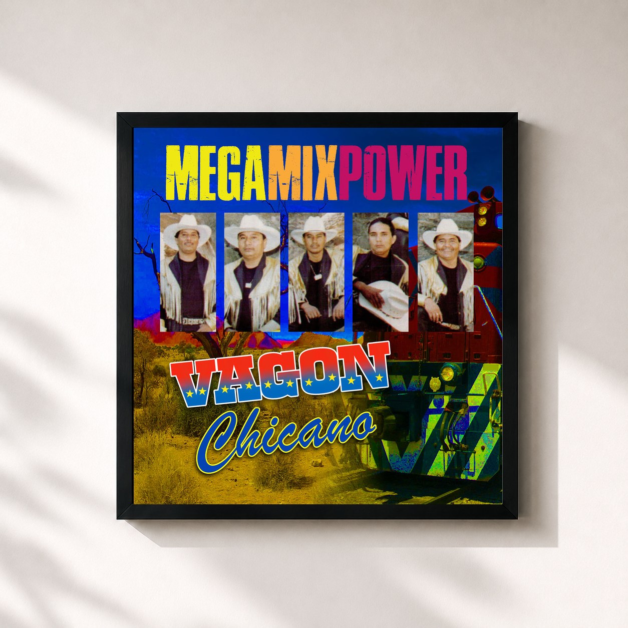 #noir Tableau carré de l'album Megamix Power de Vagon Chicano, cadre noir 32x32 cm