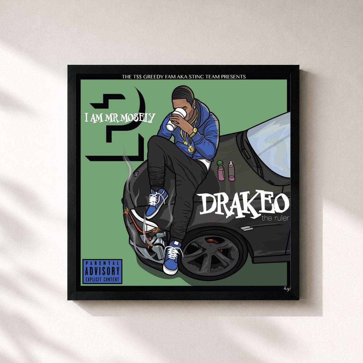 #noir Tableau carré de l'album I Am Mr. Mosely 2 de Drakeo the Ruler, cadre noir 32x32 cm