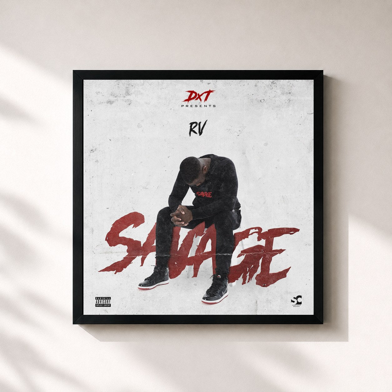#noir Tableau carré de l'album Savage de RV, cadre noir 32x32 cm