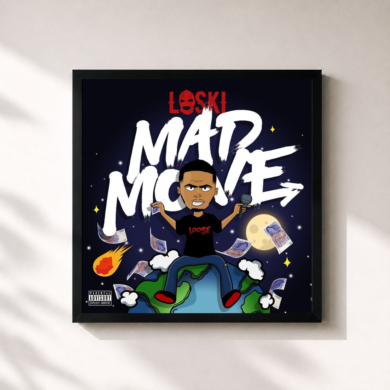 #noir Tableau carré de l'album Mad Move de Loski, cadre noir 32x32 cm