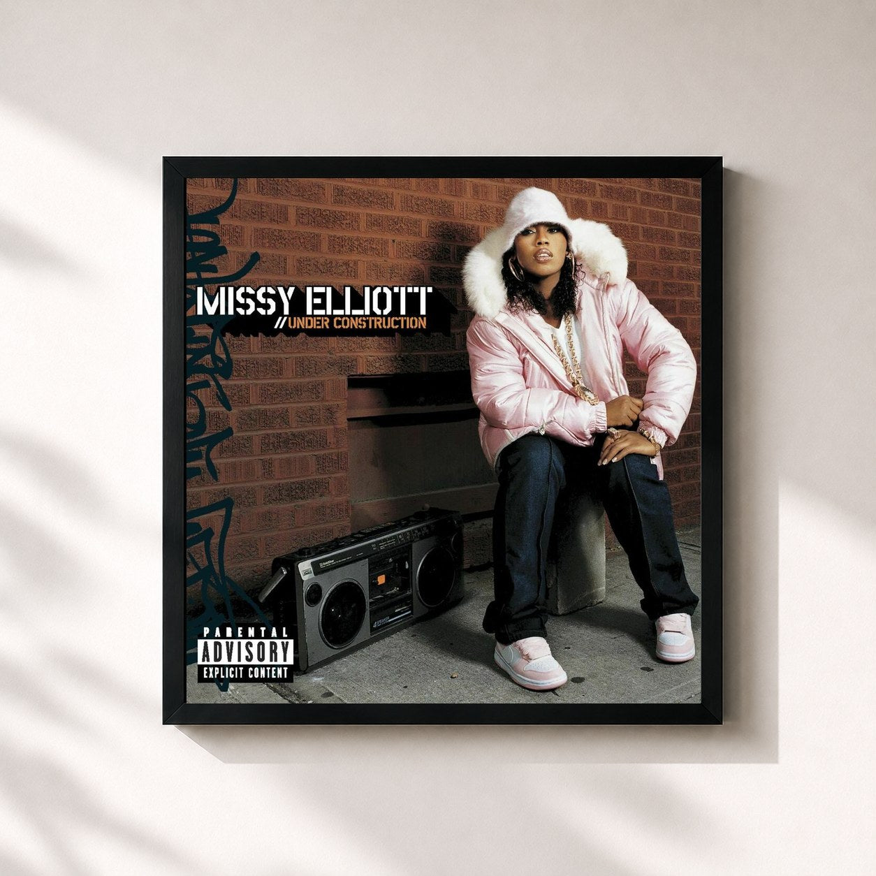 #noir Tableau carré de l'album Under Construction de Missy Elliott, cadre noir 32x32 cm